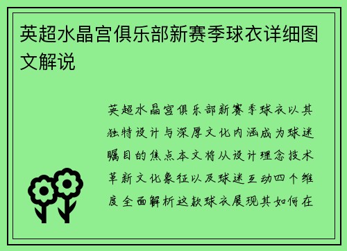 英超水晶宫俱乐部新赛季球衣详细图文解说